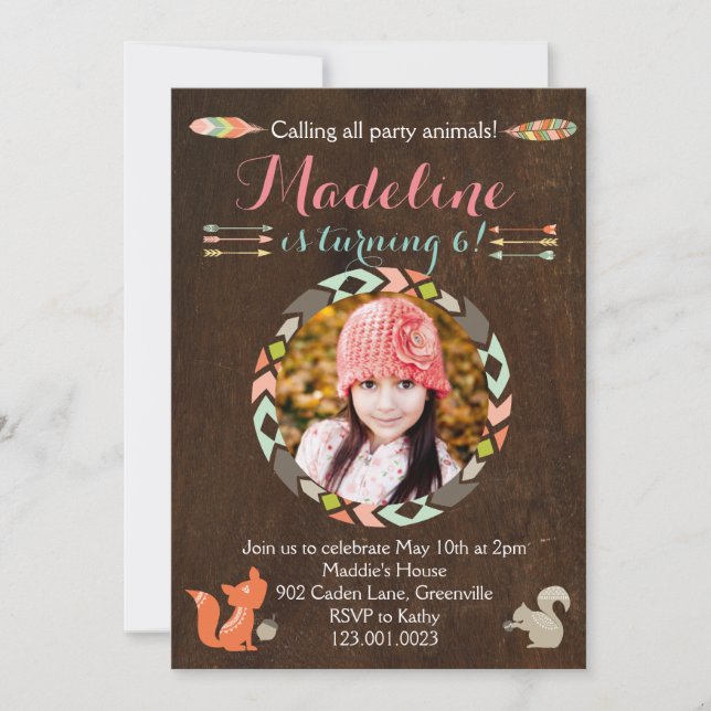 Woodland Forest Animal Birthday Invitation (Wood) (Front)