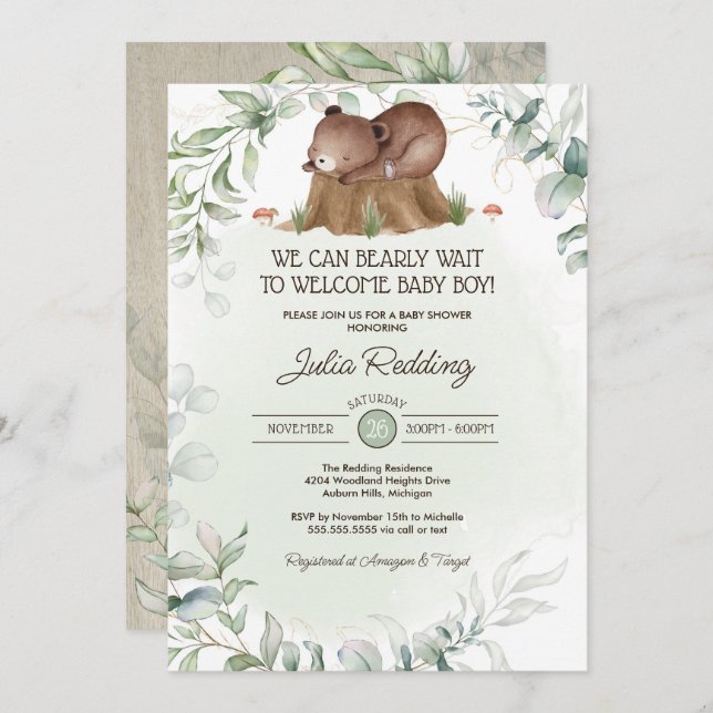 Woodland Forest Animal Rustic Bear Boy Baby Shower Invitation (Front/Back)
