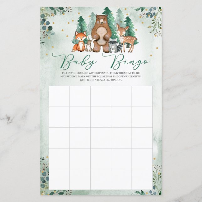 Woodland forest animals Baby Shower Bingo game (Front)