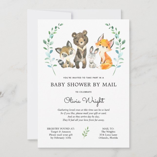 Woodland Forest Animals Baby Shower by Mail Invitation (Front)