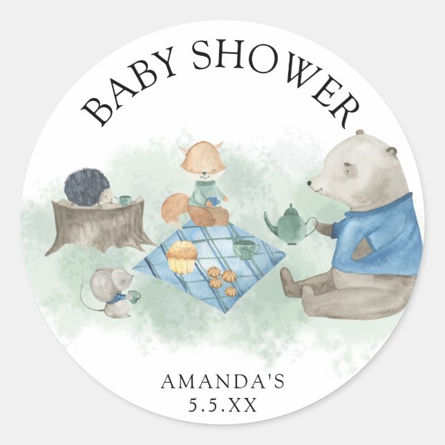 Woodland forest animals - baby shower classic round sticker (Front)