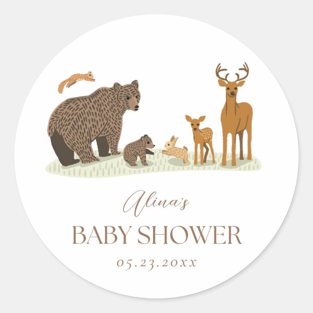 Woodland Forest Animals Baby Shower Classic Round Sticker (Front)