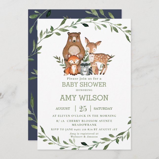 Woodland Forest Animals Baby Shower Greenery Invitation (Front/Back)