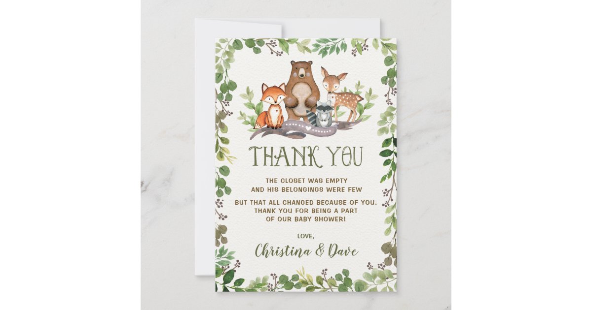 Woodland Forest Animals Baby Shower Greenery Thank You