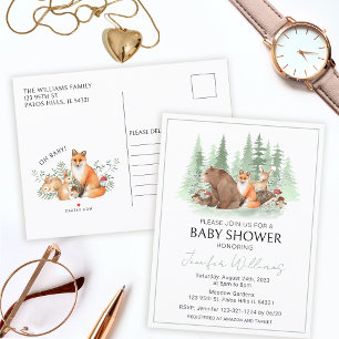 Woodland forest animals baby shower postcard
