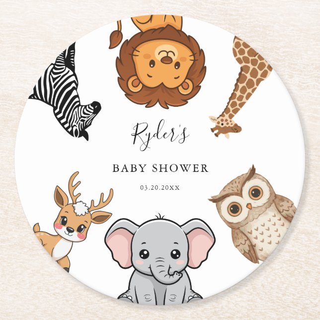 Woodland Forest Animals Baby Shower Round Paper Coaster (Front)