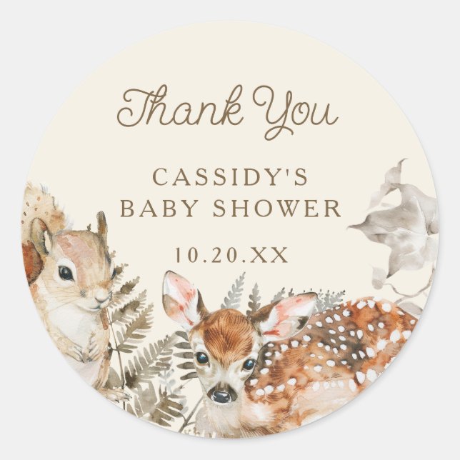 Woodland Forest Animals Baby Shower Thank You Classic Round Sticker (Front)