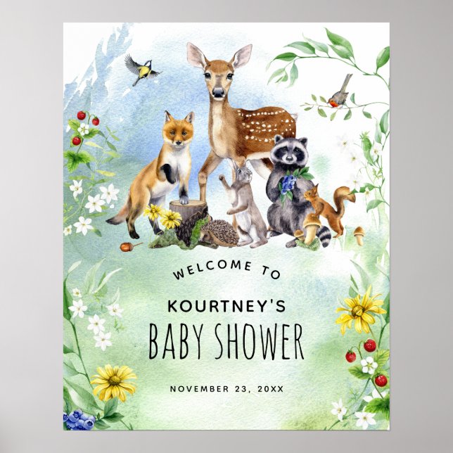 Woodland Forest Animals Baby Shower Welcome Poster (Front)