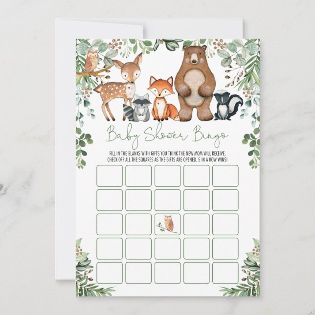 Woodland Forest Animals Bingo Baby Shower Game Invitation (Front)