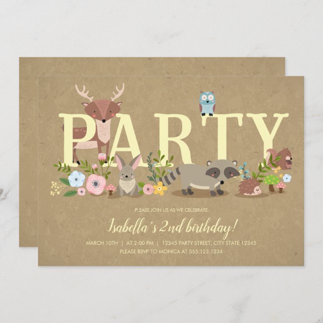 Woodland Forest Animals Birthday Party Invitation (Front/Back)