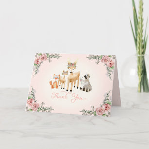 Woodland Forest Animals Boho Rose Floral Thank You Card