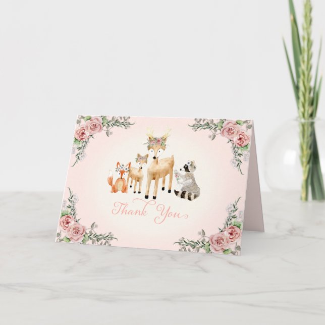 Woodland Forest Animals Boho Rose Floral Thank You Card (Front)