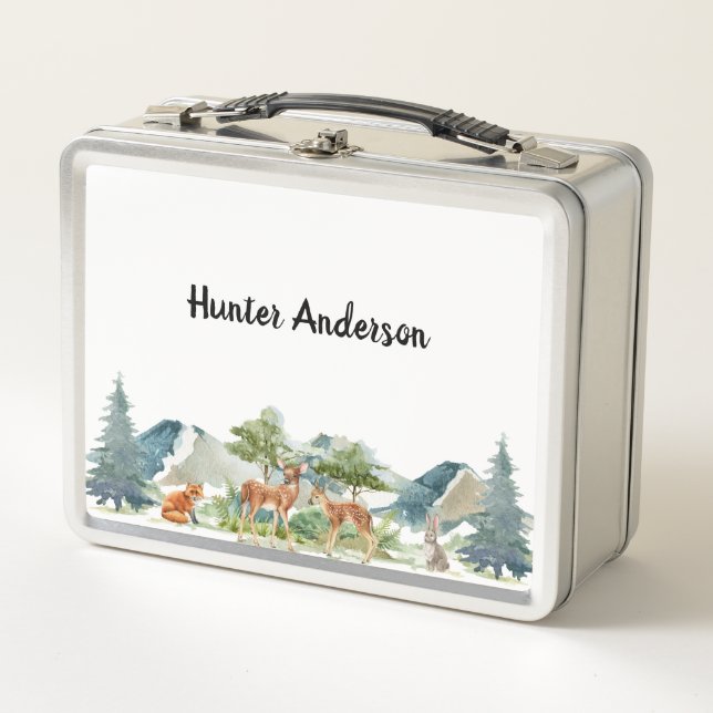 Woodland forest animals deer cute name metal lunch box (Front)