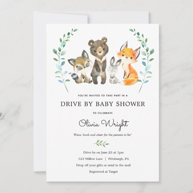 Woodland Forest Animals Drive By Baby Shower Invitation (Front)