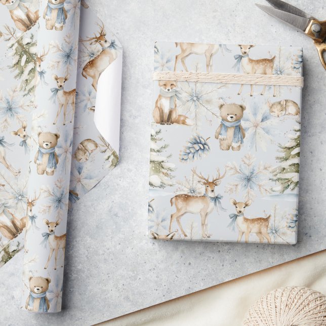 Woodland Forest Animals Dusty Blue Christmas Wrapping Paper (Creator Uploaded)