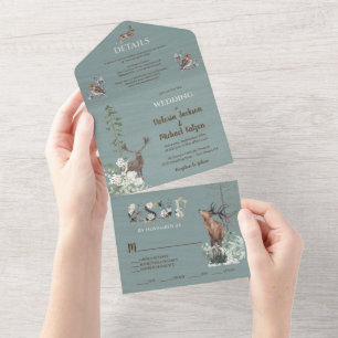 Woodland Forest Animals Dusty Blue Wedding All In One Invitation