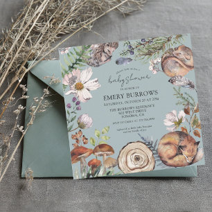 Woodland Forest Animals Dusty BlueBaby Shower Invitation