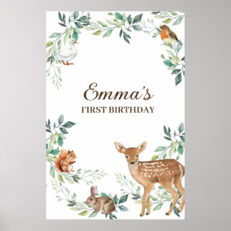 Woodland Forest Animals First Birthday Poster