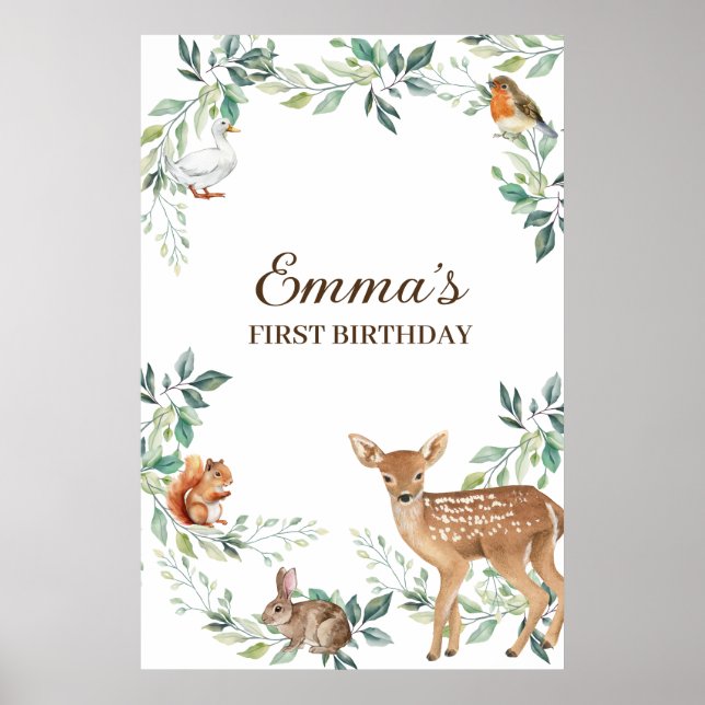 Woodland Forest Animals First Birthday Poster (Front)