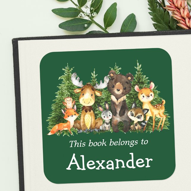 Woodland Forest Animals Green Bookplate Labels (Customize to change text size or text style.)
