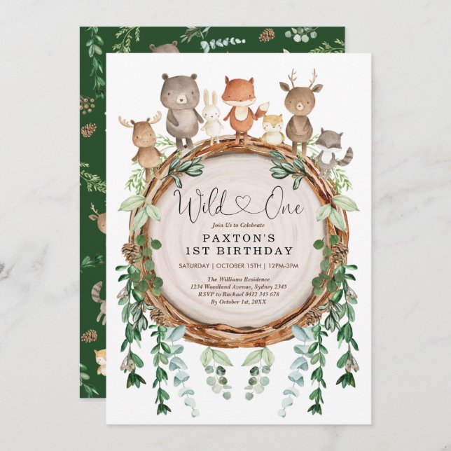 Woodland Forest Animals Greenery Wild One Birthday Invitation (Front/Back)