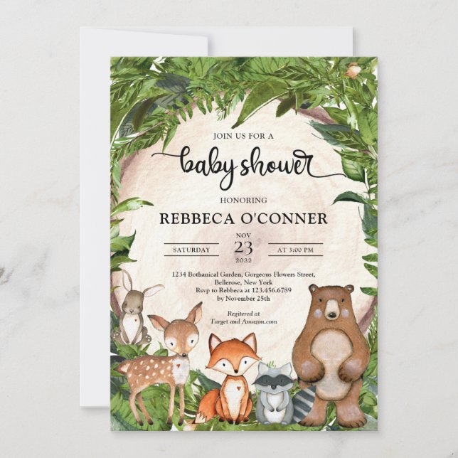 Woodland forest animals greenery wooden slice invitation (Front)