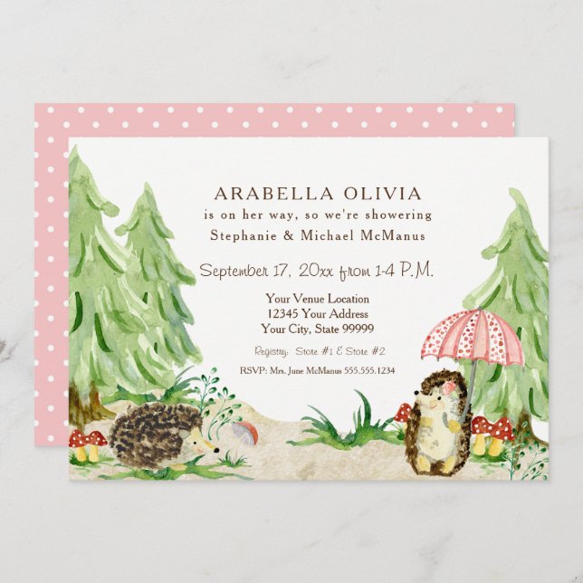 Woodland Forest Animals Hedgehogs Girl Baby Shower Invitation (Front/Back)