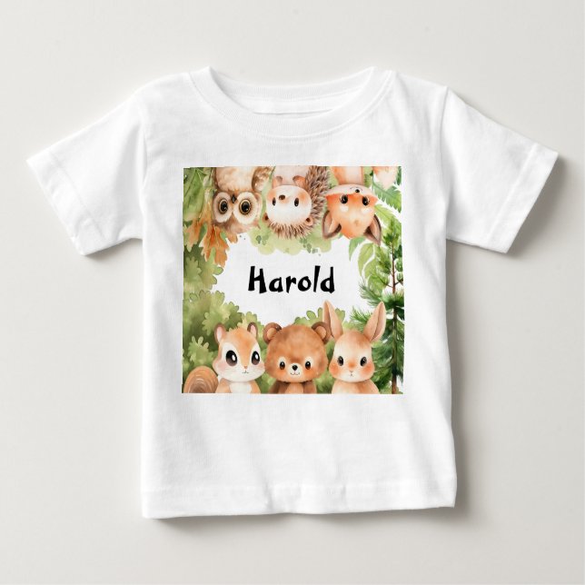 Woodland Forest Animals Personalised Boy Baby T-Shirt (Front)