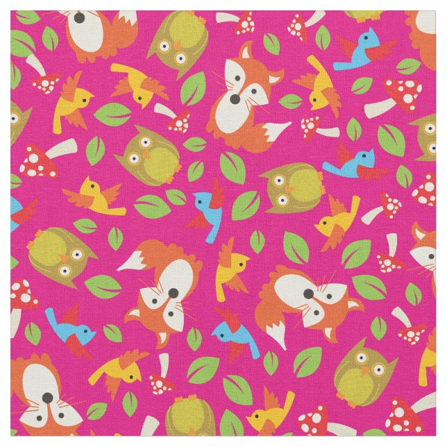 Woodland Forest Animals Pink Fabric (Close Up)