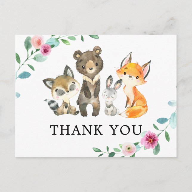 Woodland Forest Animals Pink Thank You Postcard (Front)