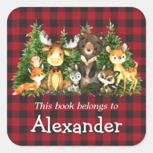 Woodland Forest Animals Plaid Bookplate Label