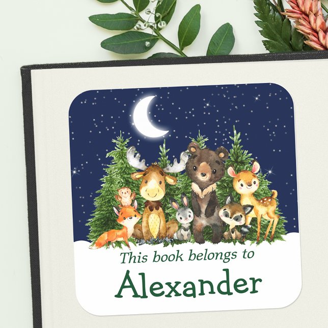 Woodland Forest Animals Sky Trees Bookplate Label (Customize to change text size, color or text style.)