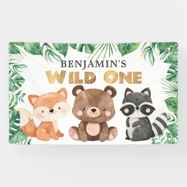 Woodland Forest Animals Wild One Birthday Banner (Horizontal)