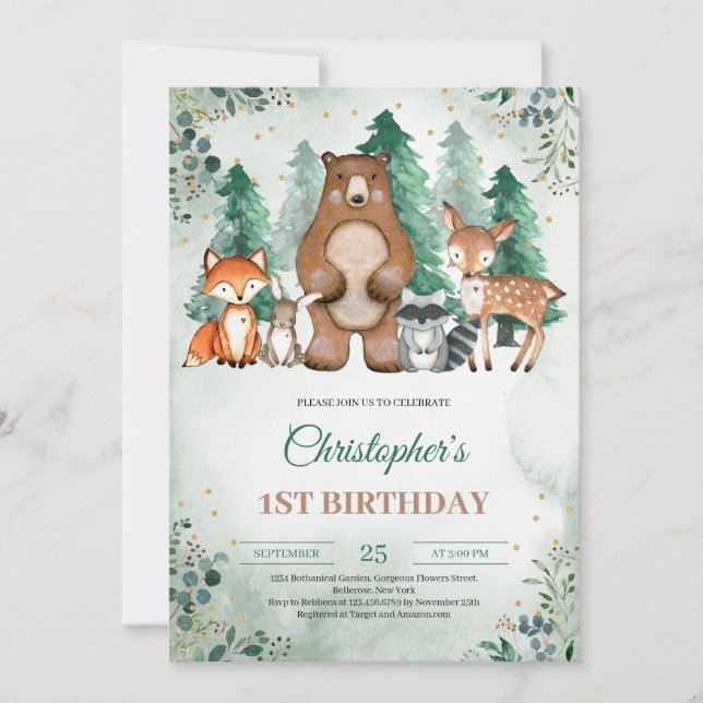Woodland forest animals winter greenery boy invitation (Front)