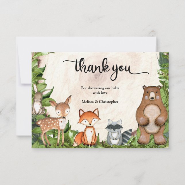 Woodland forest animals wooden slice greenery thank you card (Front)