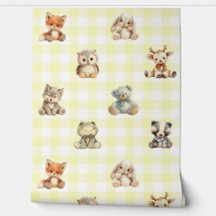 Woodland Forest Animals Yellow Plaid Baby Nursery Wallpaper