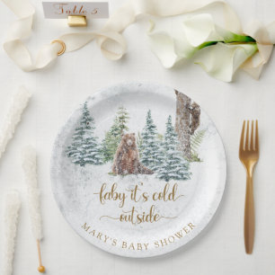 Woodland forest bear winter baby shower paper plate