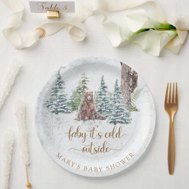 Woodland forest bear winter baby shower paper plate (Wedding)