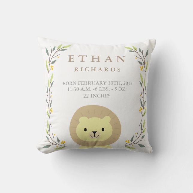 Woodland Forest Birth Stats- Lion Nursery Pillow (Front)