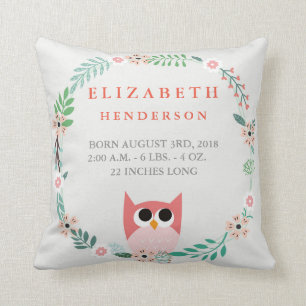Woodland Forest Birth Stats Owl Nursery Pillow