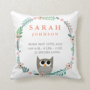 Woodland Forest Birth Stats Owl Nursery Pillow