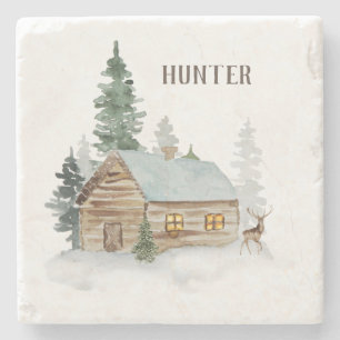 Woodland Forest Cabin with Deer Personalised  Stone Coaster