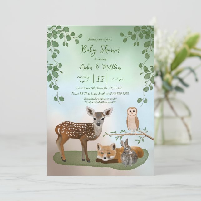 Woodland Forest Creatures Baby Shower Invitation (Standing Front)
