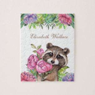 Woodland Forest Cute Floral Racoon Kids Name Jigsaw Puzzle