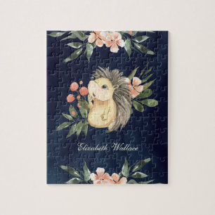 Woodland Forest Cute Hedgehog Navy Blue Name Jigsaw Puzzle