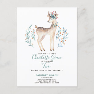 Woodland Forest Deer Baby's Second 2nd Birthday Invitation Postcard
