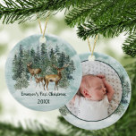 Woodland Forest Deer First Christmas Photo Ceramic Ornament<br><div class="desc">Personalise this watercolor woodland Winter Christmas ornament with baby’s name and year of birth on the front,  and a photo on the back,  for a unique holiday keepsake.
*If you need design help or would like this design on other products,  please contact me through Zazzle.</div>