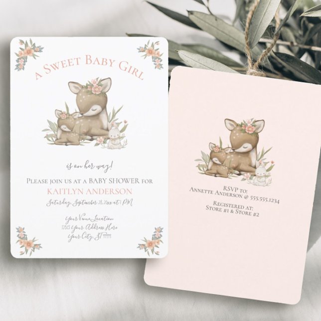 Woodland Forest Deer Mama Baby Girl Shower w Bunny Invitation (Creator Uploaded)
