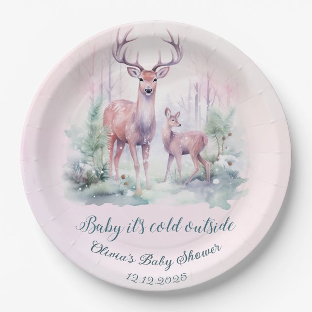 Woodland forest deer winter baby shower  paper plate (Front)