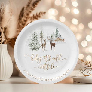 Woodland forest deer winter baby shower paper plate